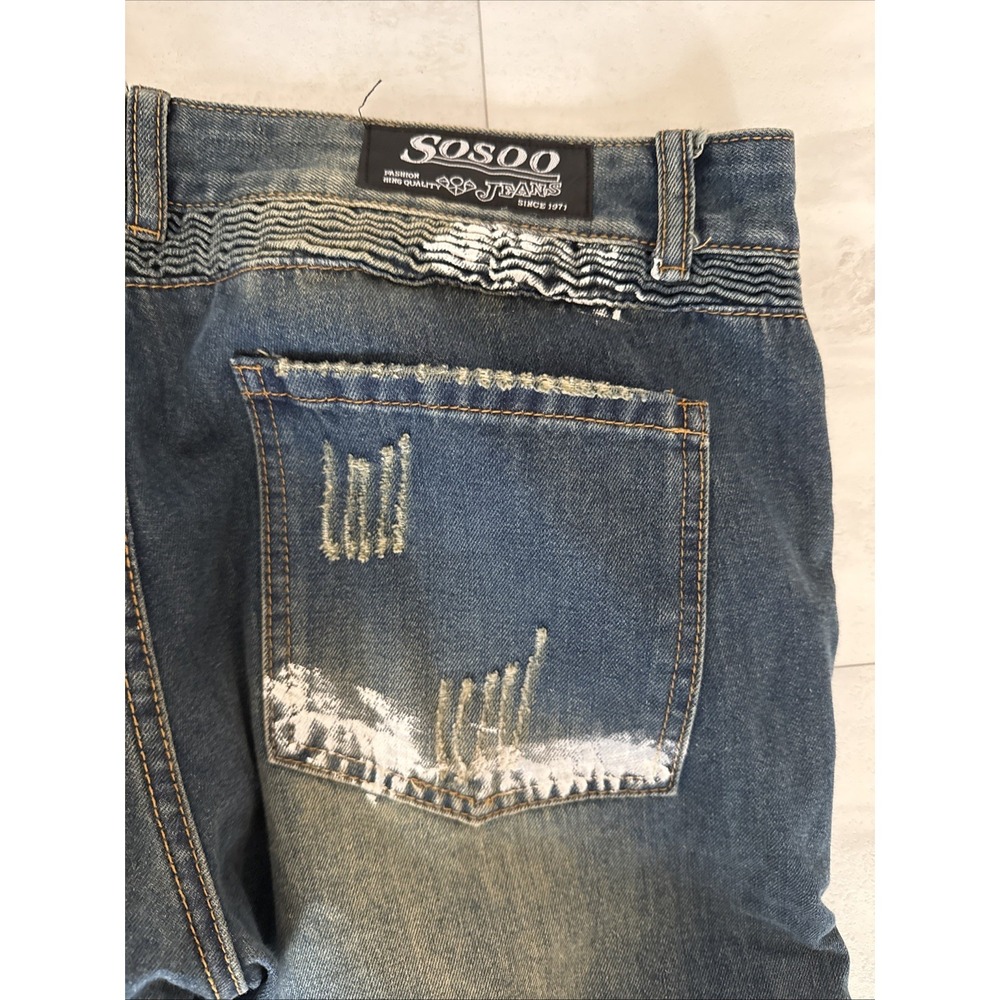 Sosoo Jeans Mens 38x30 Blue Denim Stretch Embroidered Logo Straight Streetwear - Picture 11 of 12